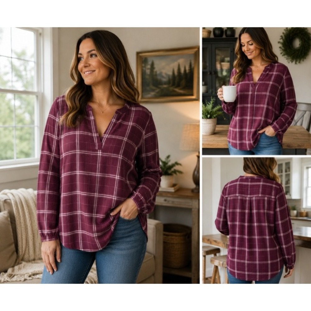 CJ Banks Womens Burgundy Plaid Split V-Neck Long Sleeve Blouse Metallic Shimmer